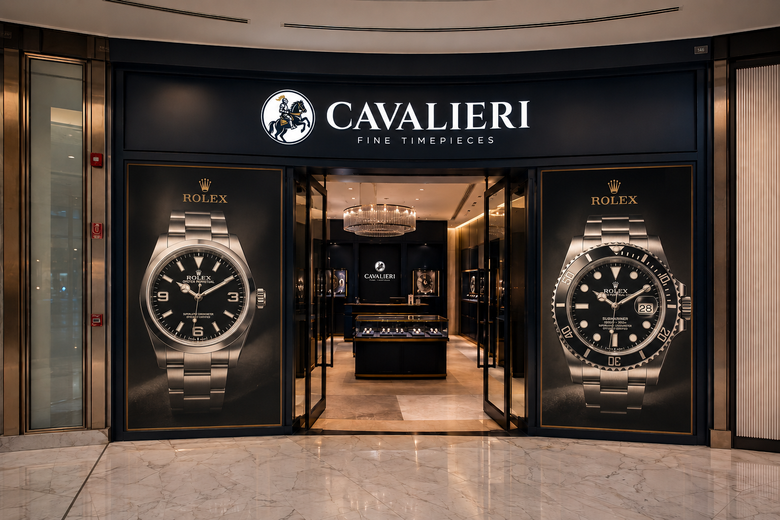 The Cavalieri Fine Timepieces boutique entrance, navy façade with lit displays