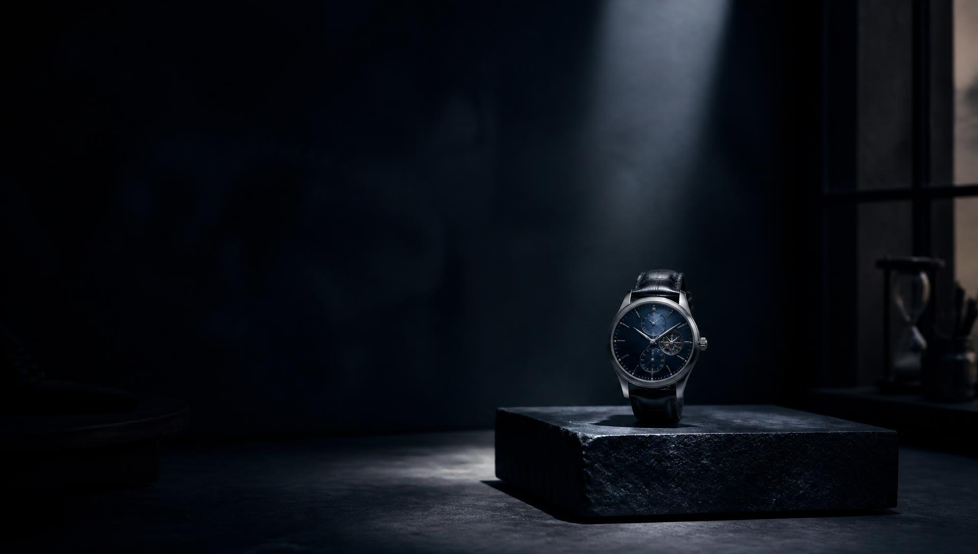 A single Cavalieri timepiece under a shaft of light in the atelier