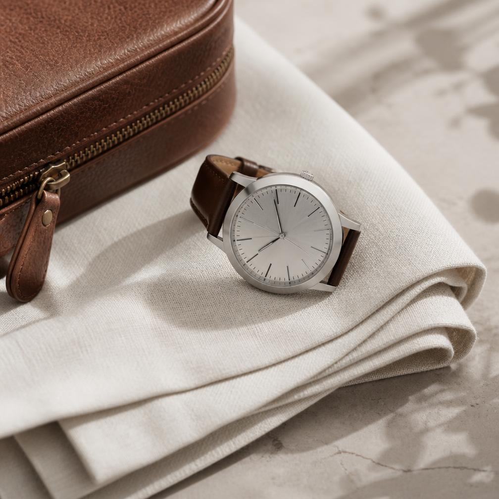 A Cavalieri timepiece resting on linen beside a leather travel case
