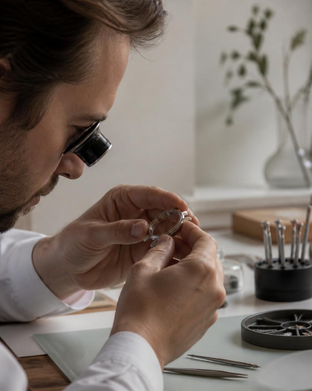 A watchmaker inspecting a case with a loupe